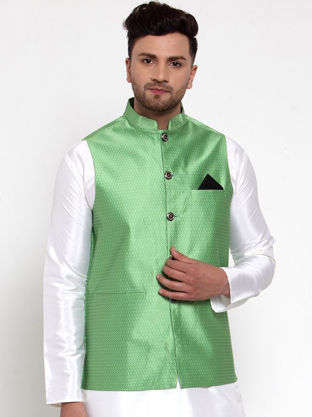 

Jompers Men Green Woven Design Waistcoat with Pocket Square