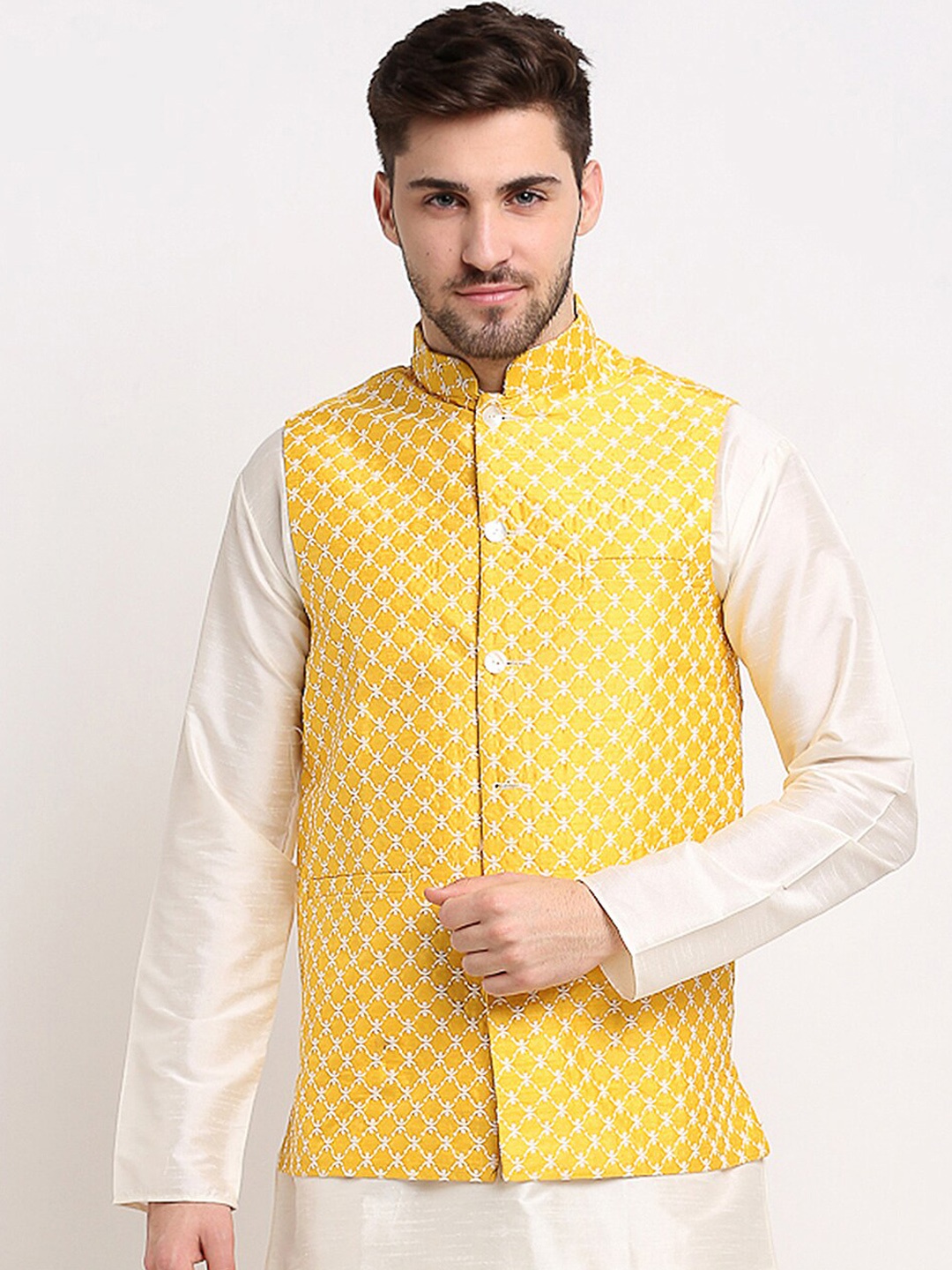 

Jompers Men Mustard Embroidered Waistcoat