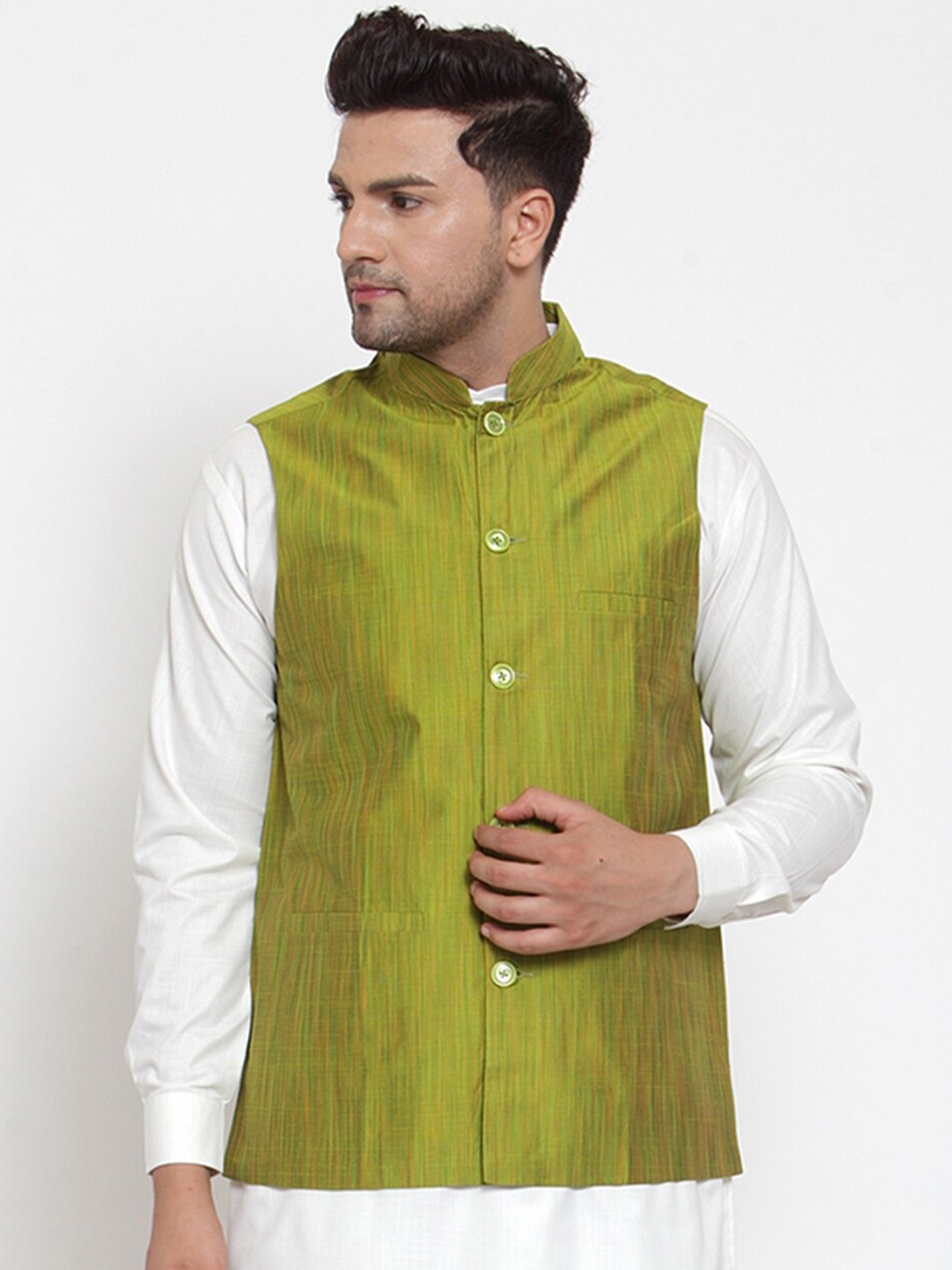 

Jompers Men Green Solid Pure Cotton Embellished Nehru Jacket