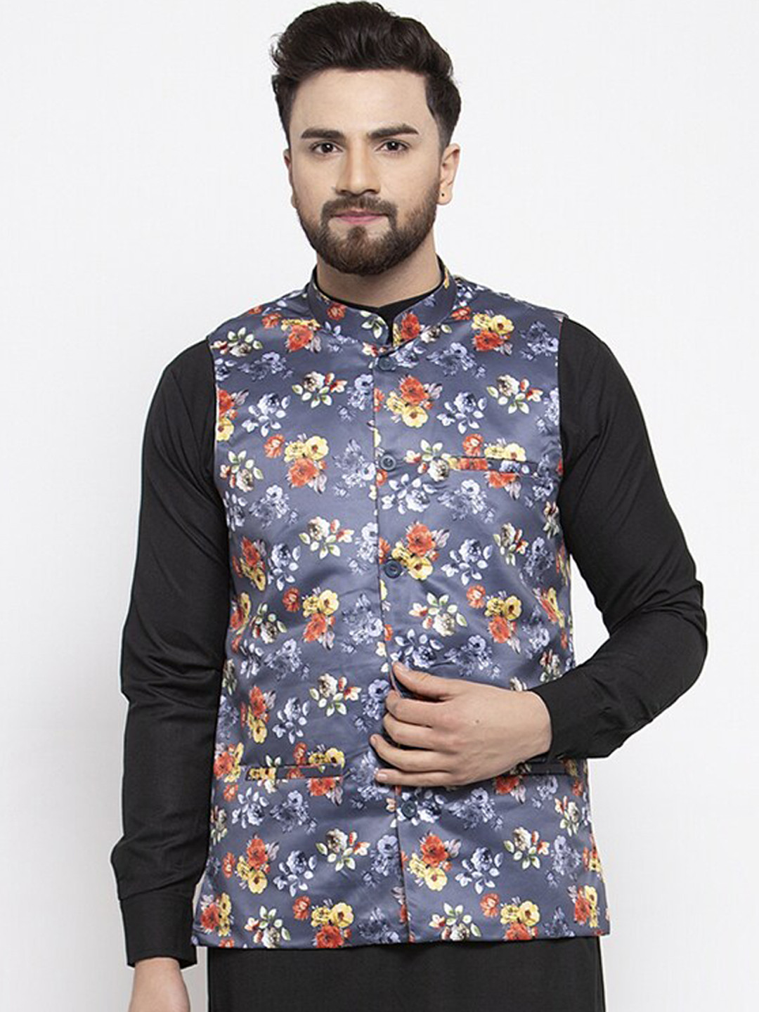 

Jompers Men Grey Printed Nehru jacket