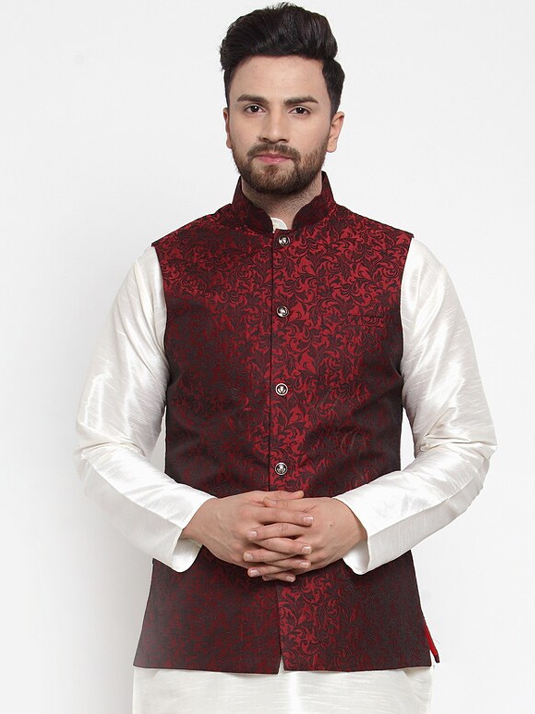 

Jompers Men Maroon Floral Woven Design Jacquard Embellished Nehru Jacket