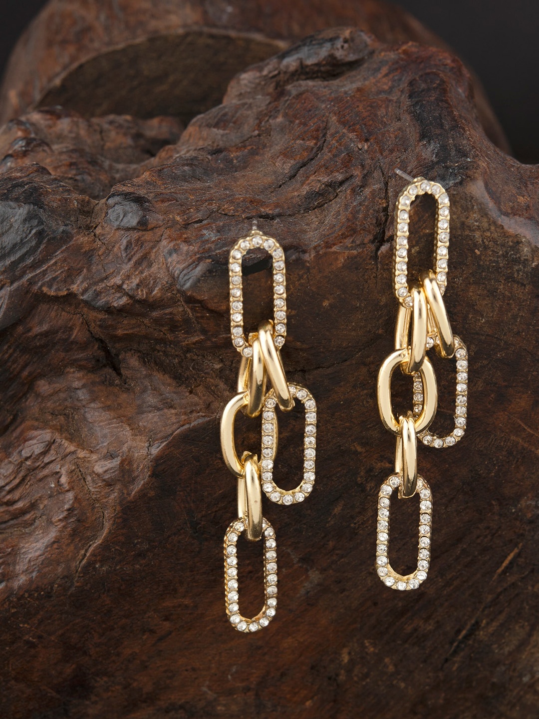 

E2O Gold-Plated White Stone Studded Contemporary Drop Earrings