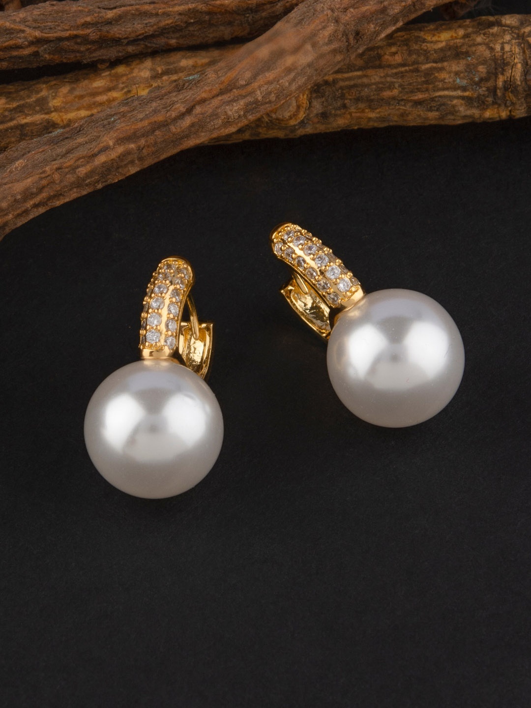 

E2O Gold-Plated White Pearl Beaded Contemporary Hoop Earrings