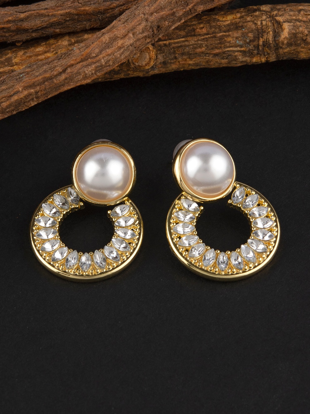 

E2O Gold-Toned Contemporary Pearl Embellished Drop Earrings