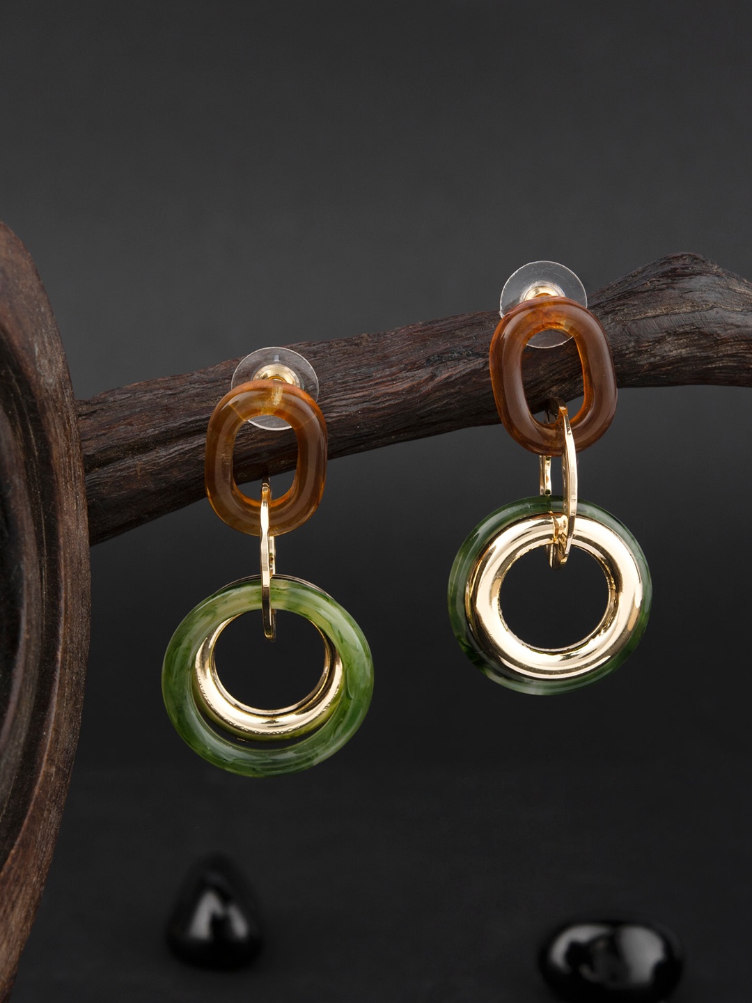 

E2O Gold-Toned & Green Contemporary Drop Earrings