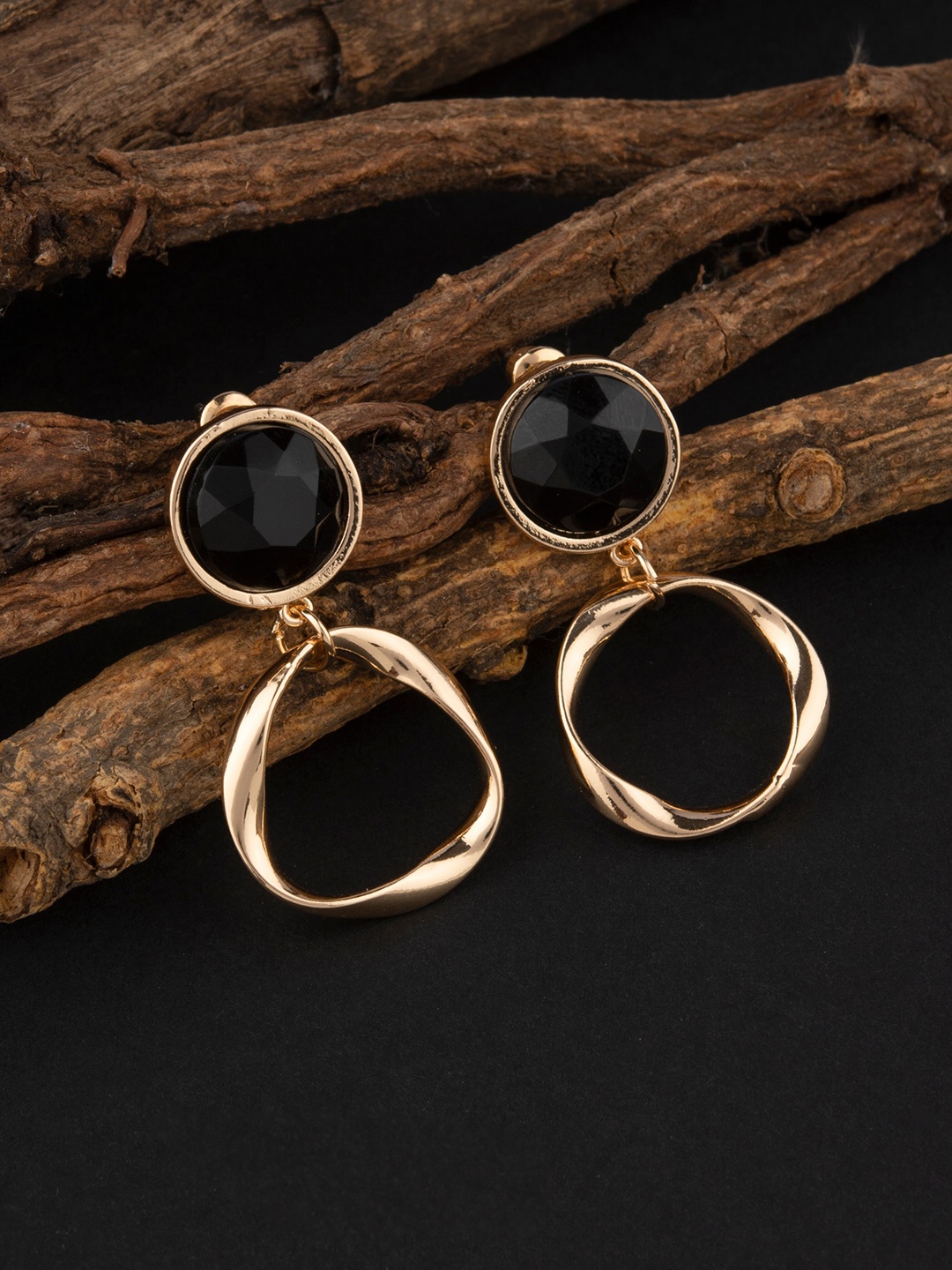 

E2O Women Gold-Toned & Black Stone Studded Drop Earrings