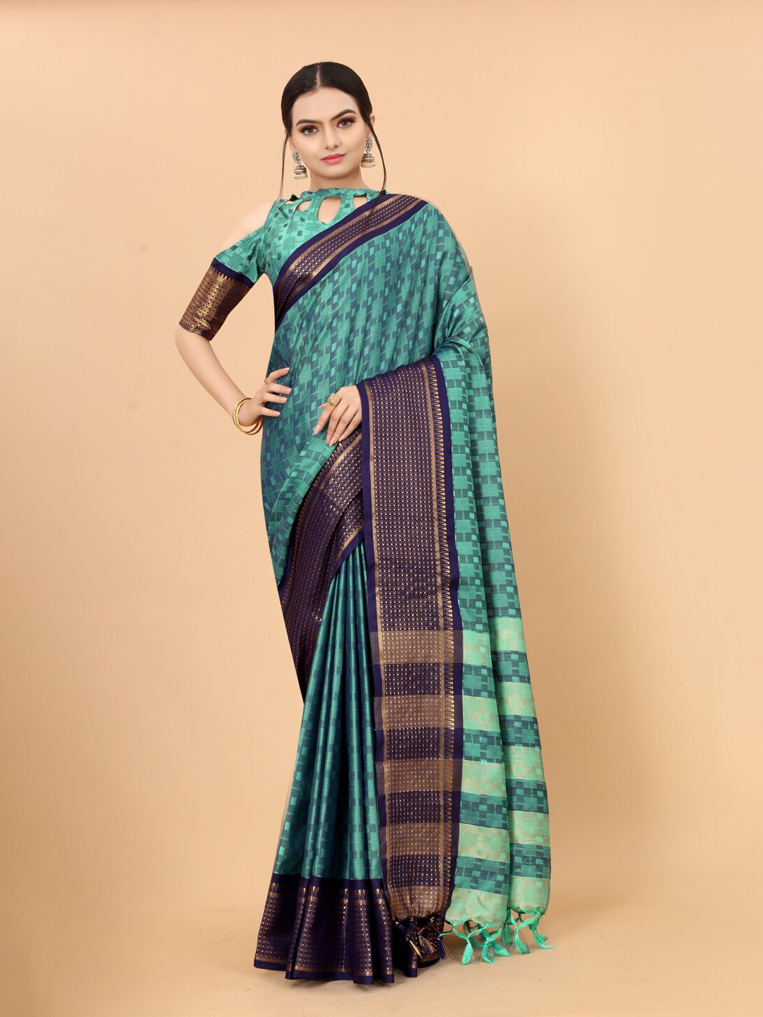 

awesome Sea Green & Navy Blue Zari Silk Cotton Ikat Saree