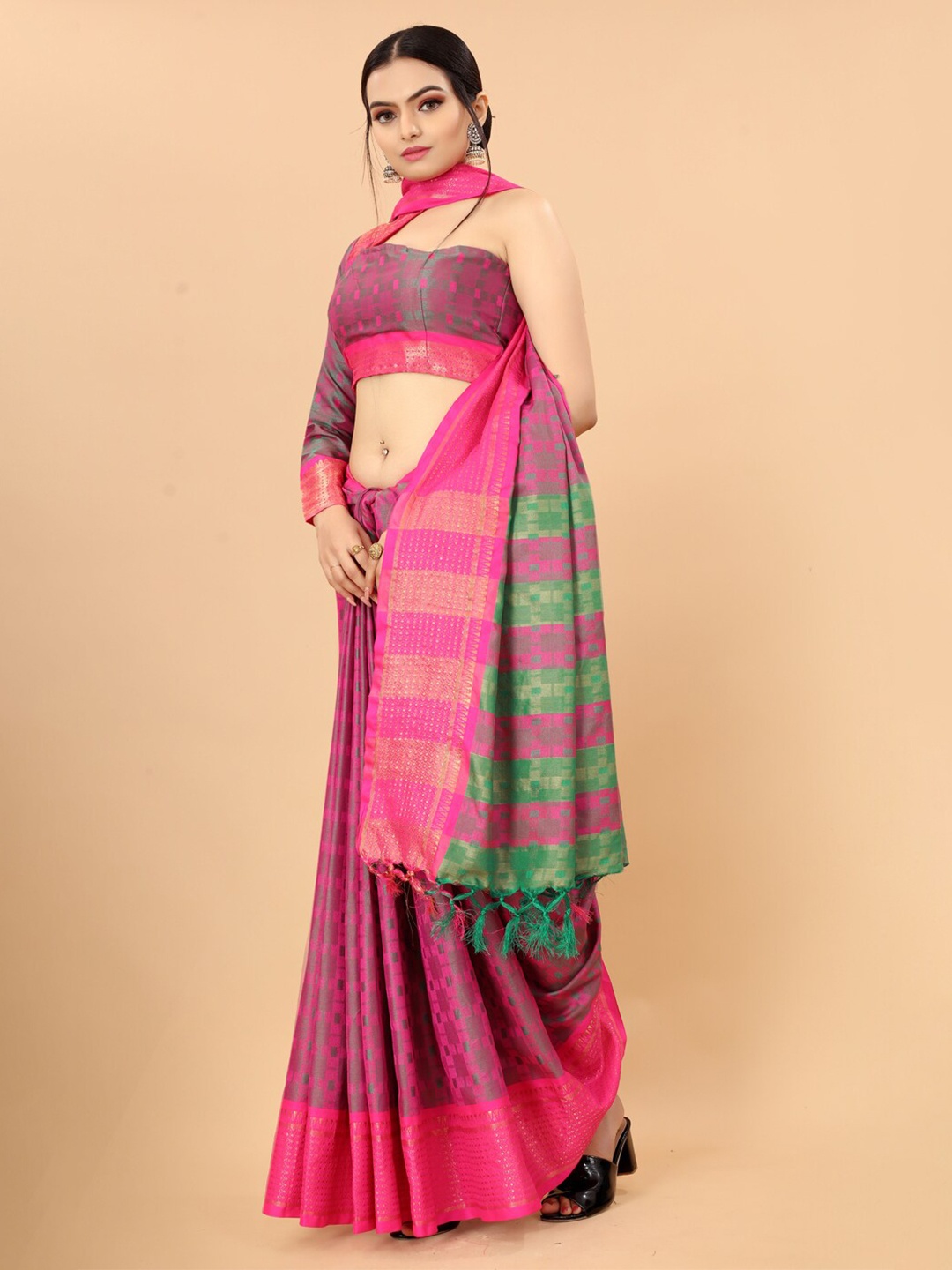 

awesome Olive Green & Fuchsia Woven Design Zari Silk Cotton Ikat Saree