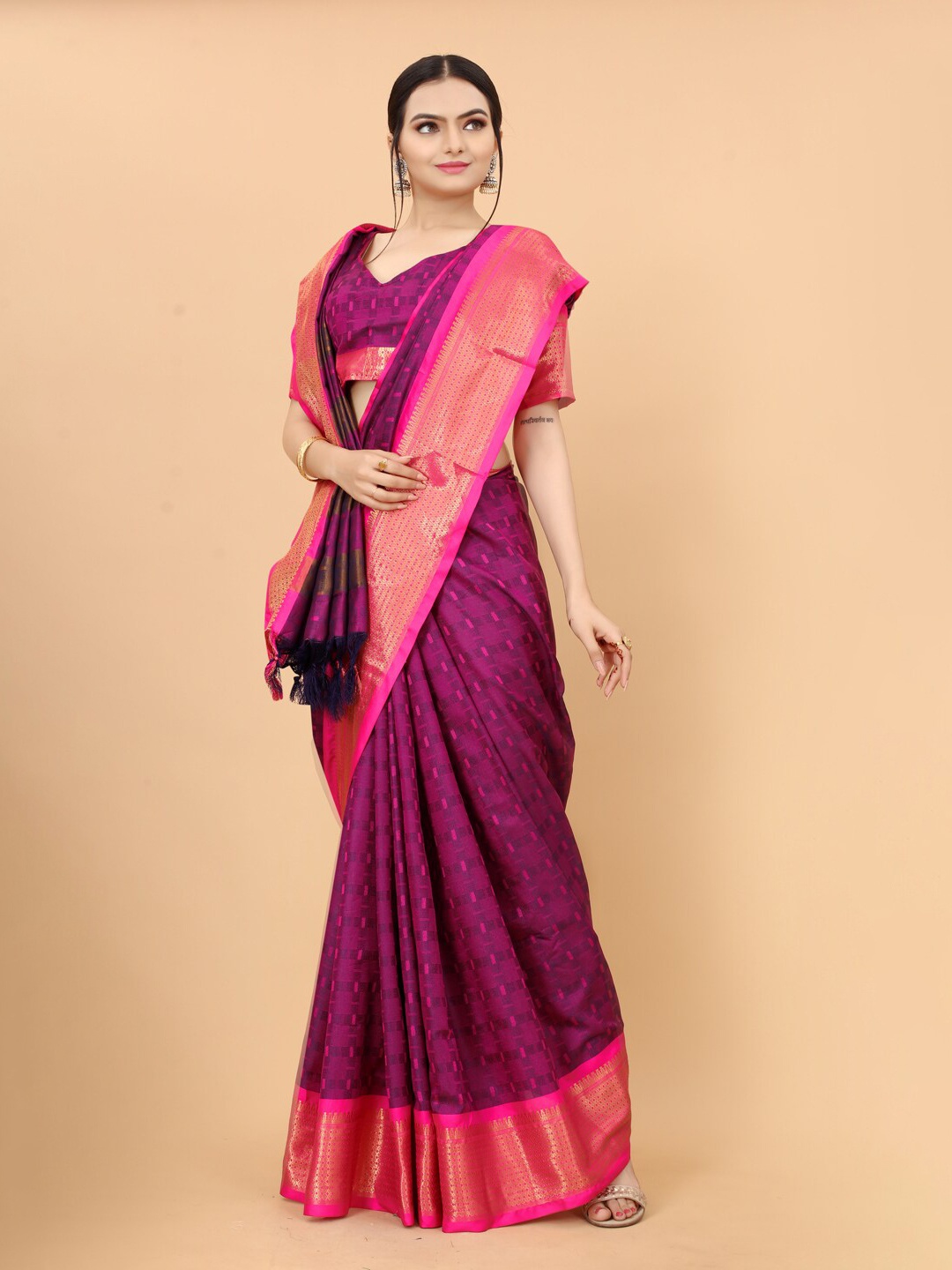 

awesome Pink & Purple Woven Design Zari Silk Cotton Ikat Saree