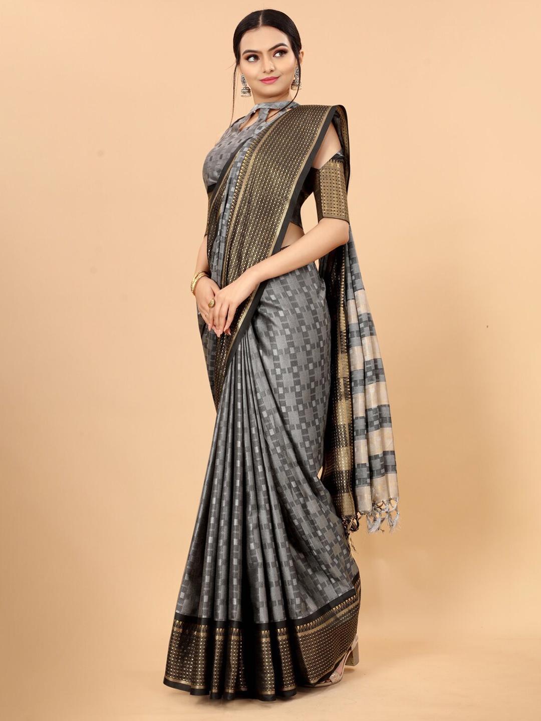 

awesome Grey & Black Woven Design Zari Silk Cotton Ikat Saree