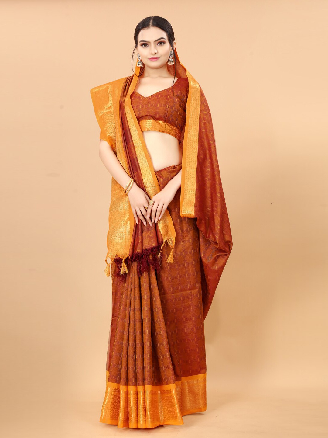 

awesome Mustard & Rust Zari Silk Cotton Ikat Saree