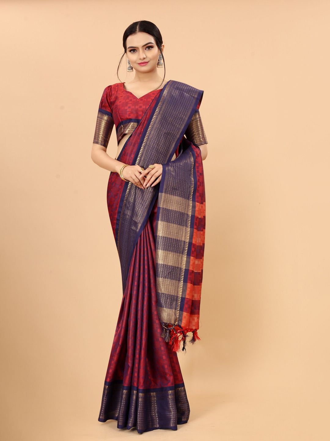 

awesome Red & Navy Blue Zari Silk Cotton Ikat Saree