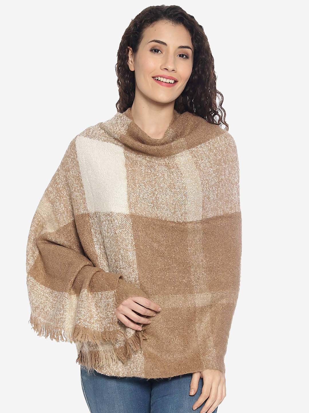 

513 Women Checked Acrylic Winter Wear Stole, Camel brown