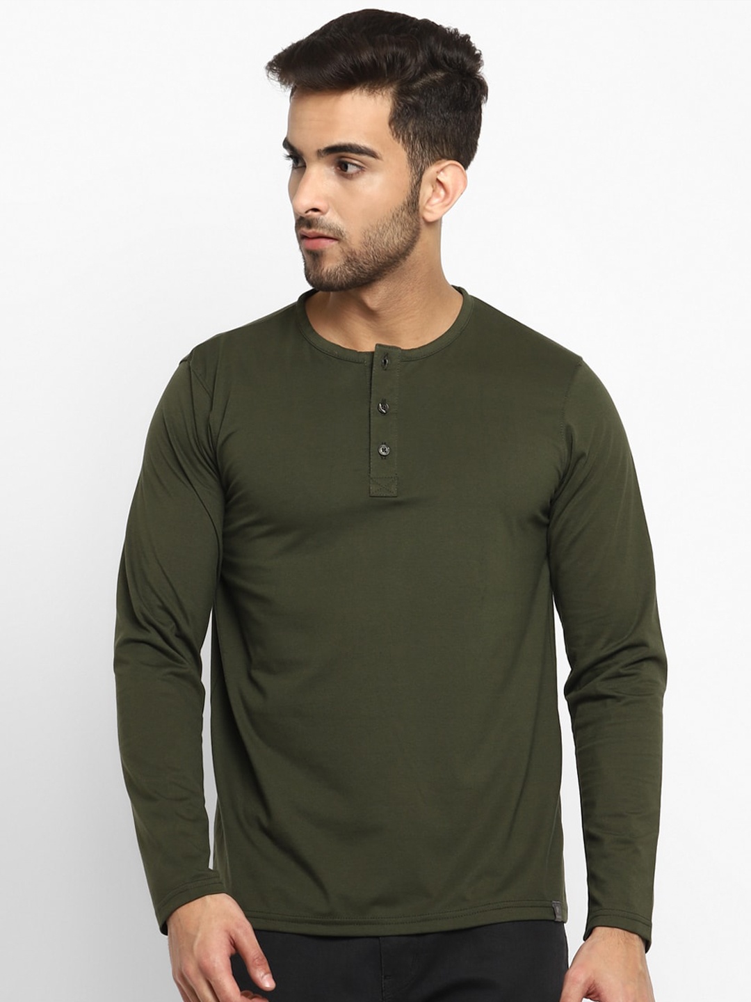 

Red Chief Men Olive Green Solid Henley Neck T-shirt