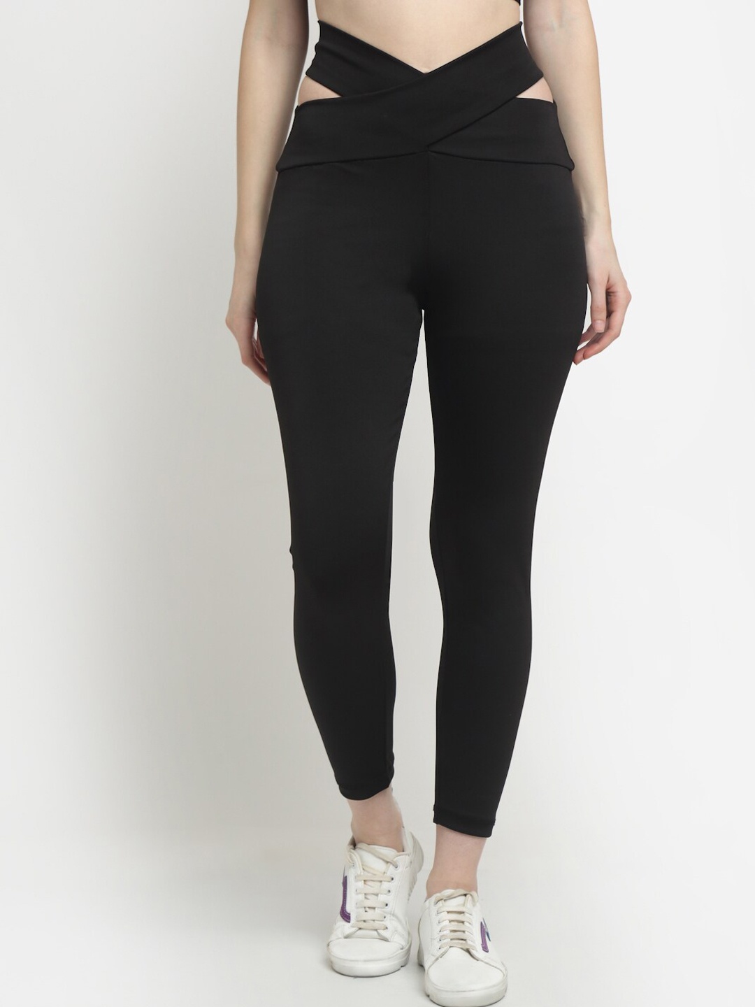 

EVERDION Women Black Solid Slim Fit High-Rise V-Waist Cut-Out Ankle Length Training Tights