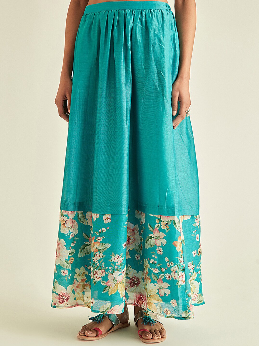 

Ancestry Women Turquoise Blue Floral Printed Flared Silk Blend Skirt