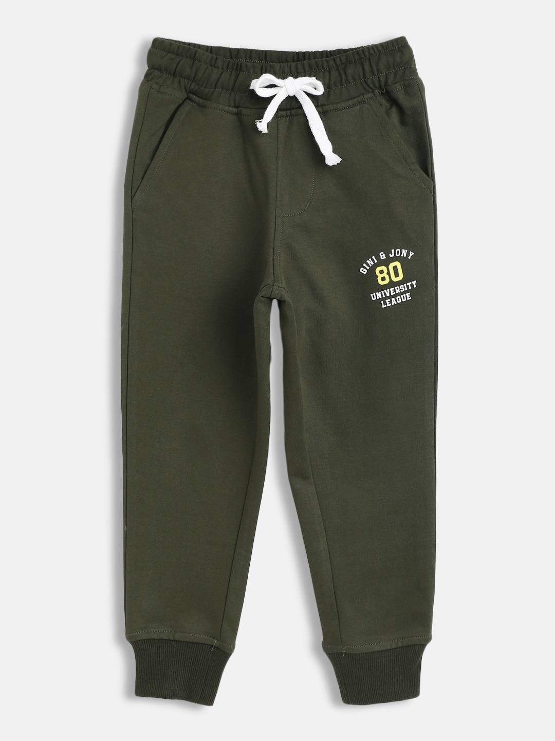 

Gini and Jony Boys Olive Green Solid Cotton Joggers