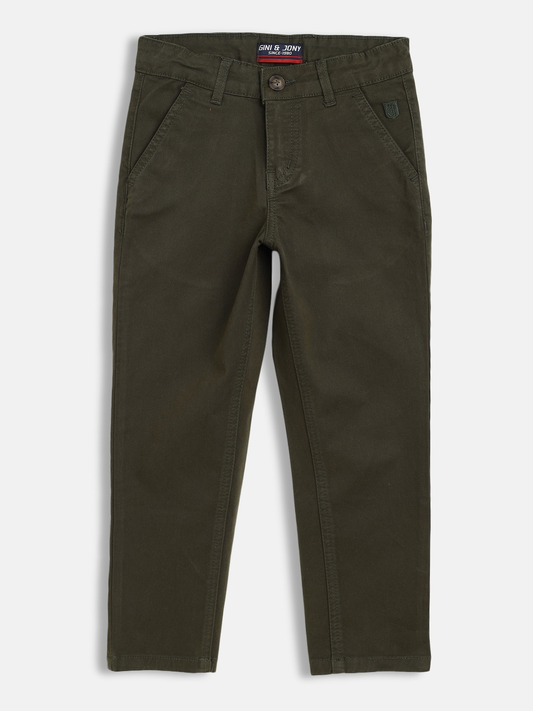 

Gini and Jony Boys Olive Green Solid Mid-Rise Chinos Trousers