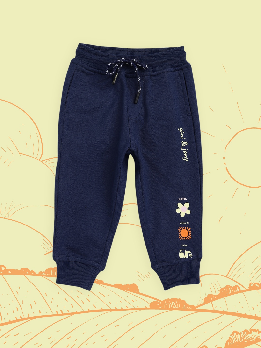

Gini and Jony Boys Navy Blue Solid Cotton Joggers with Printed Detail