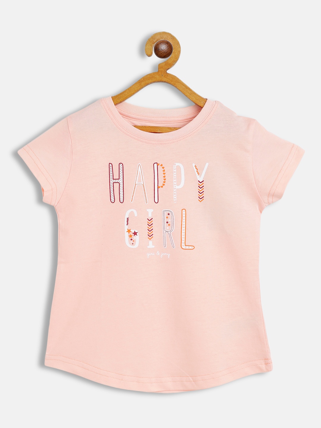 

Gini and Jony Girls Peach-Coloured & White Typography Cotton Printed T-shirt