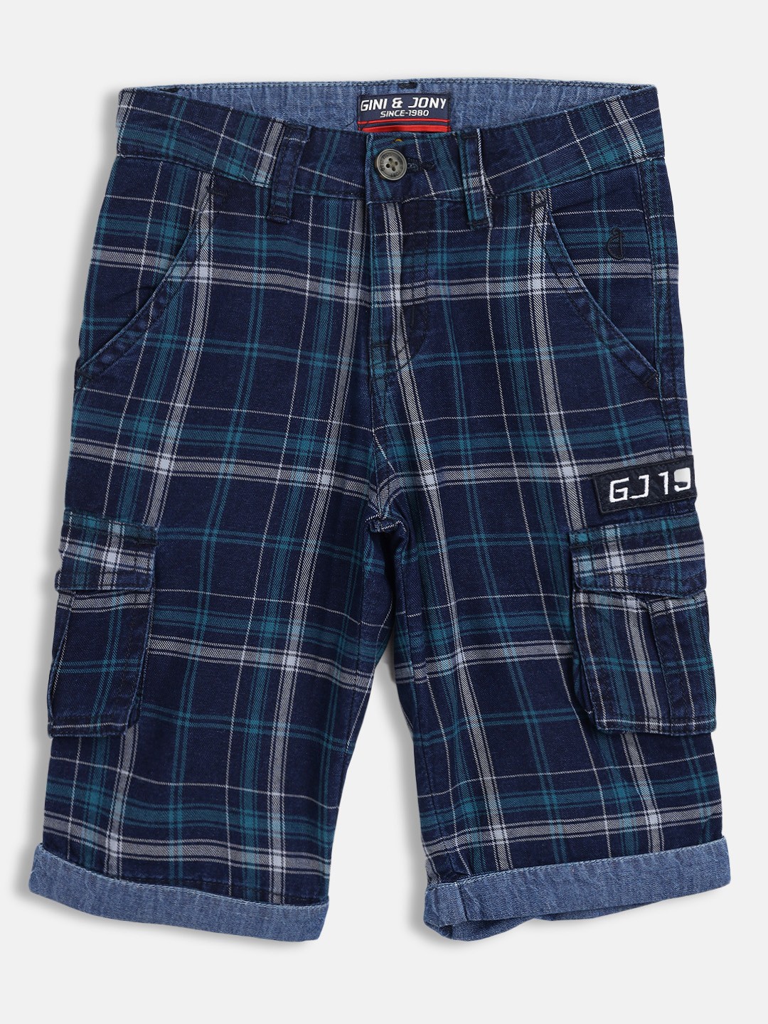 

Gini and Jony Boys Navy Blue & Green Checked Mid-Rise Cargo Shorts