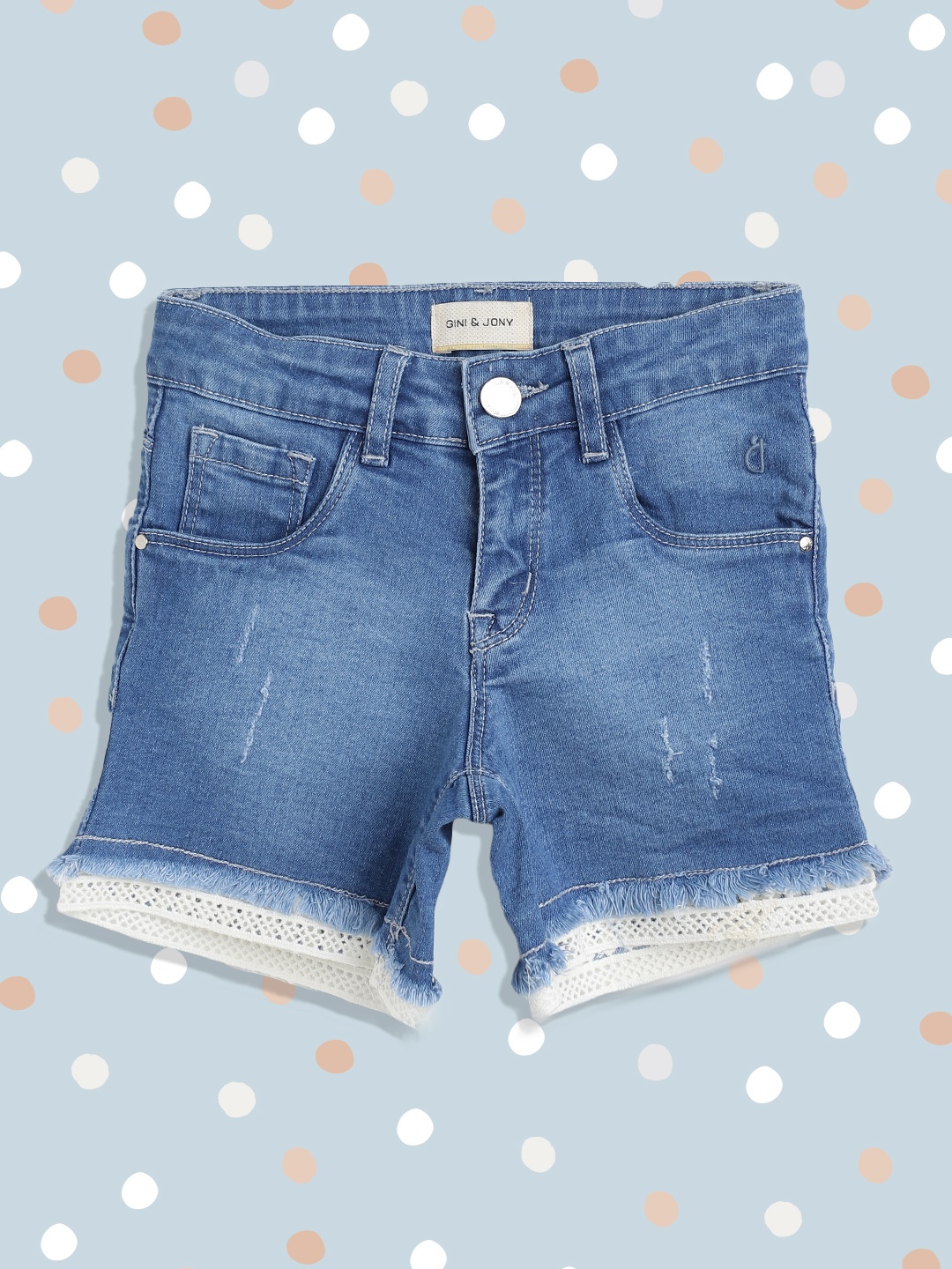 

Gini and Jony Girls Blue & White Solid Frayed Shorts with Lace Insets