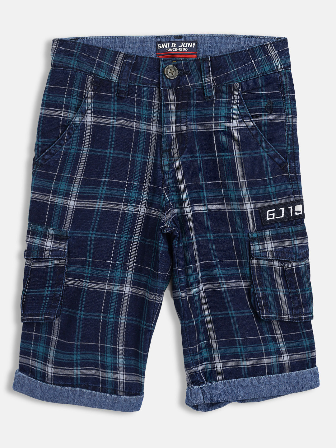 

Gini and Jony Boys Navy Blue & Green Pure Cotton Checked Mid-Rise Cargo Shorts
