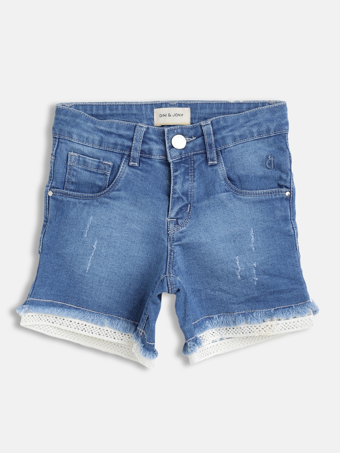 

Gini and Jony Girls Blue & White Solid Frayed Shorts with Lace Insets