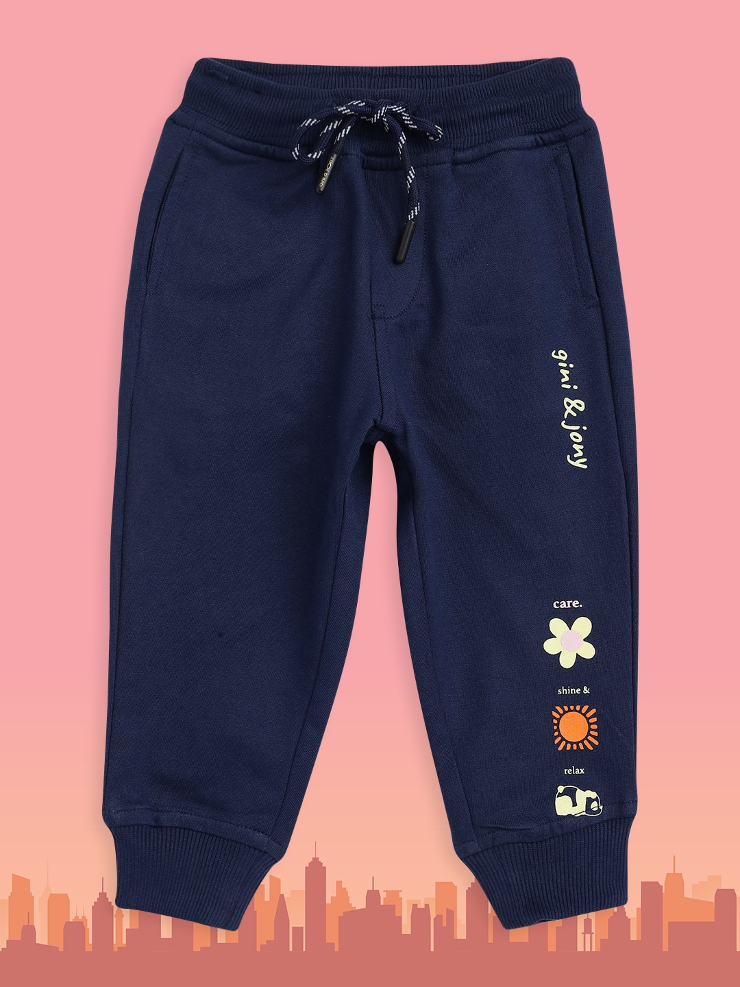 

Gini and Jony Boys Navy Blue Solid Cotton Joggers with Printed Detail