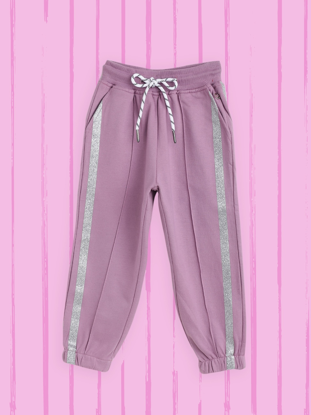 

Gini and Jony Girls Purple Solid Cotton Joggers with Side Stripe Detail