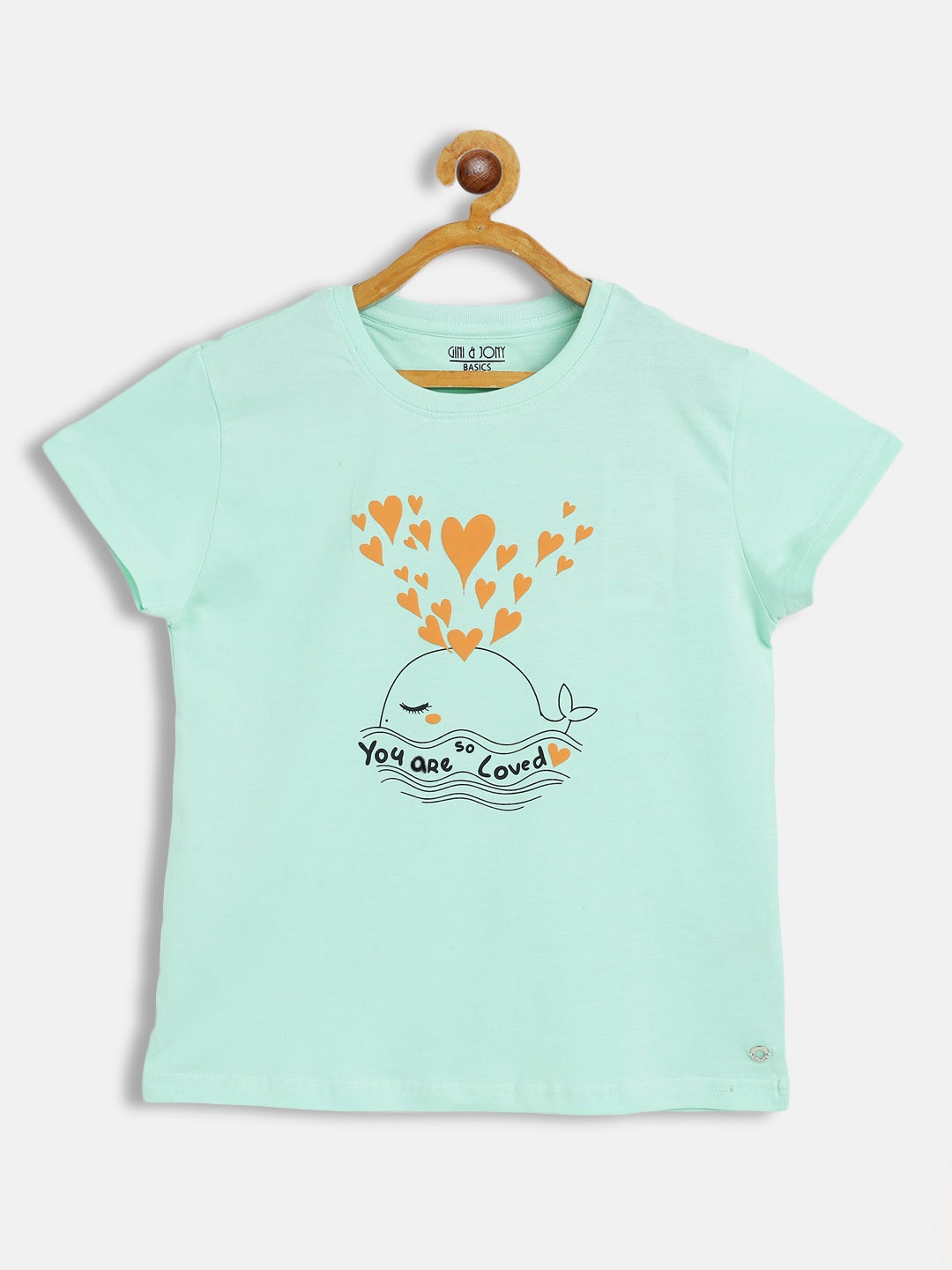 Gini and Jony Girls Sea Green & Coral Orange Cotton Printed T-shirt