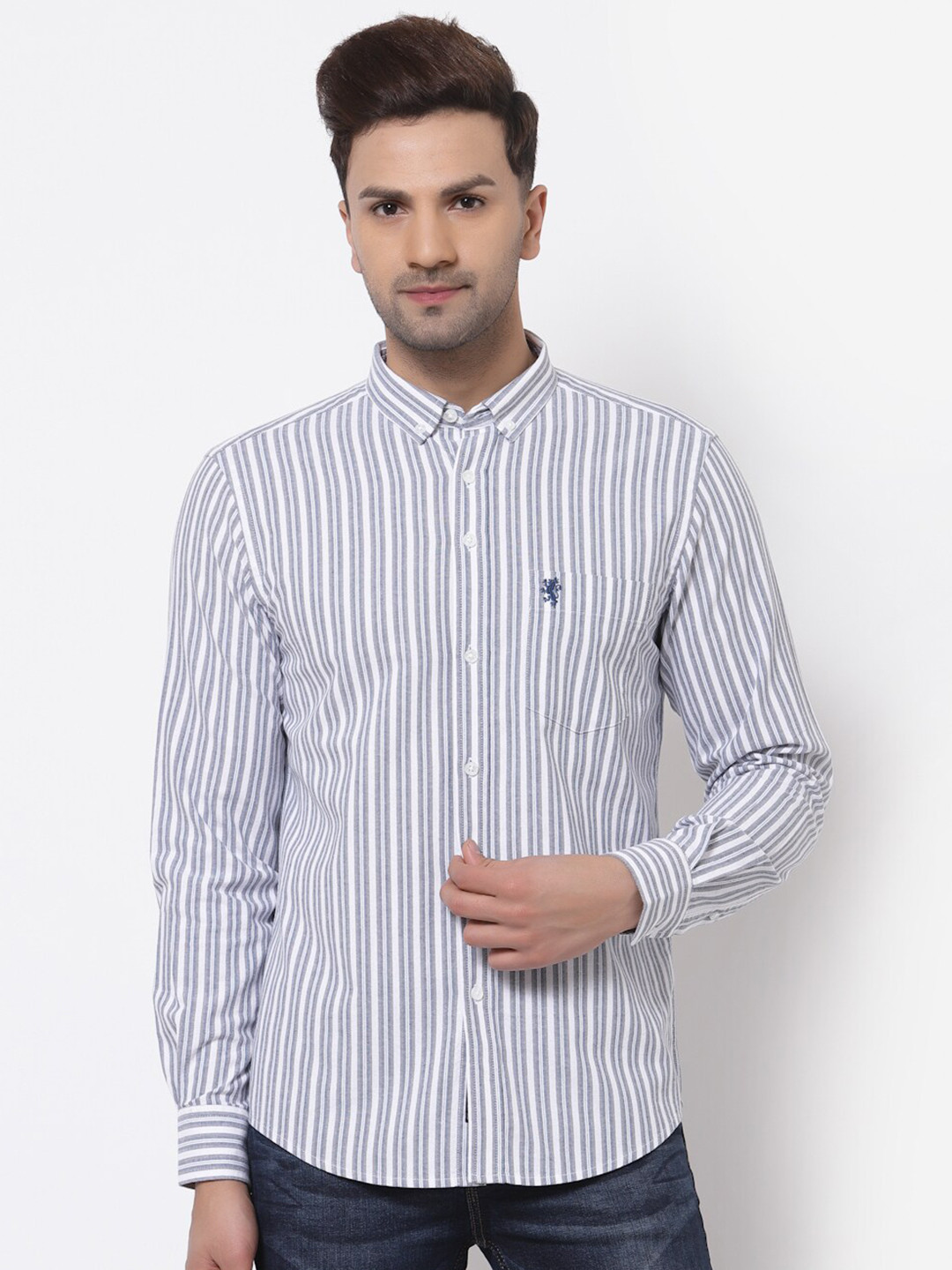 

Red Tape Men Grey & White Striped Button-Down Collar Pure Cotton Casual Shirt