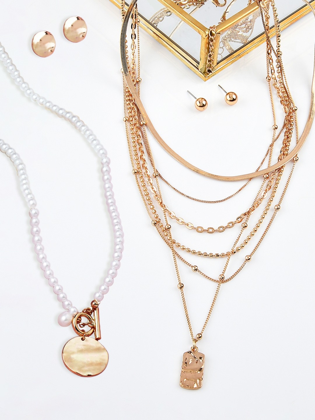 

AMI Set Of 2 Gold-Toned & White Gold-Plated Layered Chain With Earrings