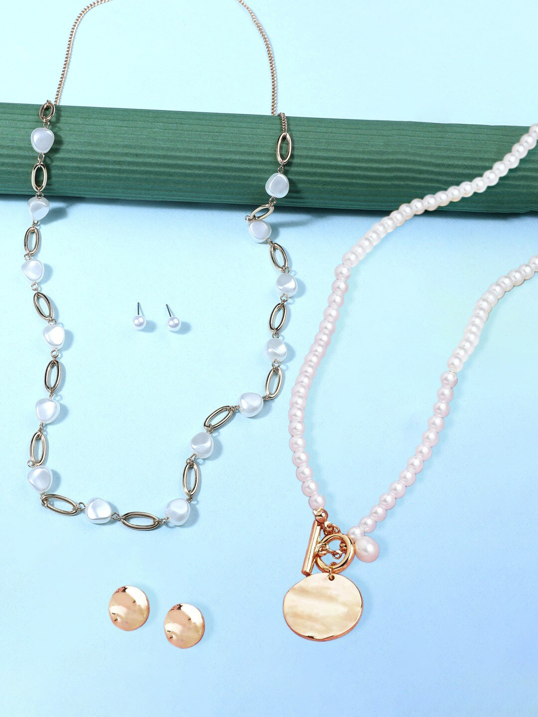 

AMI Set Of 2 Gold-Toned & White Gold-Plated Layered Chain With Earrings