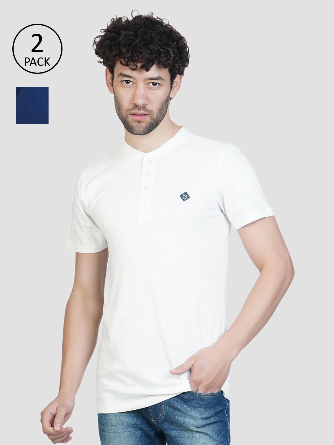 

Almo Wear Men Pack of 2 White & Blue Solid Cotton Slub Henley Neck Lounge T-shirts