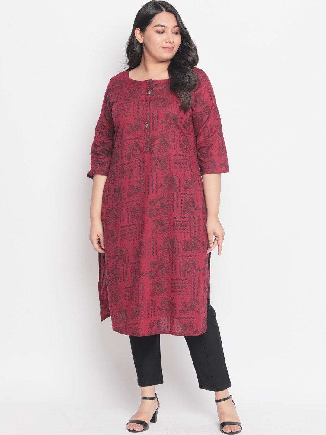 

Amydus Women Plus Size Maroon & Black Ethnic Motifs Printed Pure Cotton Kurti