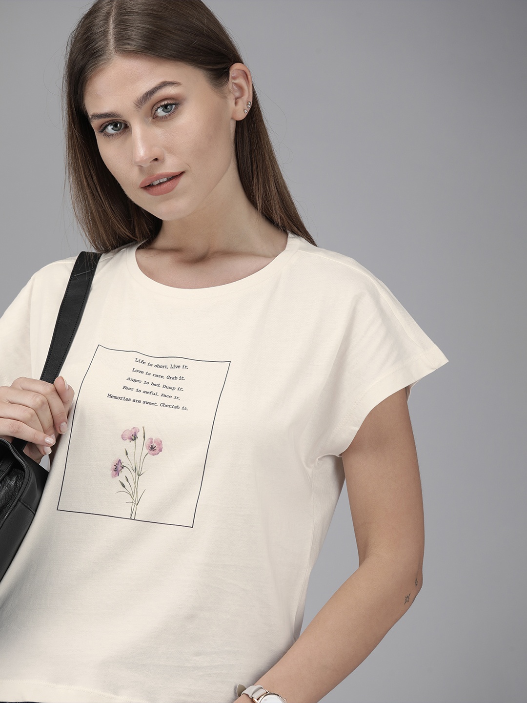 

Van Heusen Woman White Typography Printed Extended Sleeves Pure Cotton T-shirt