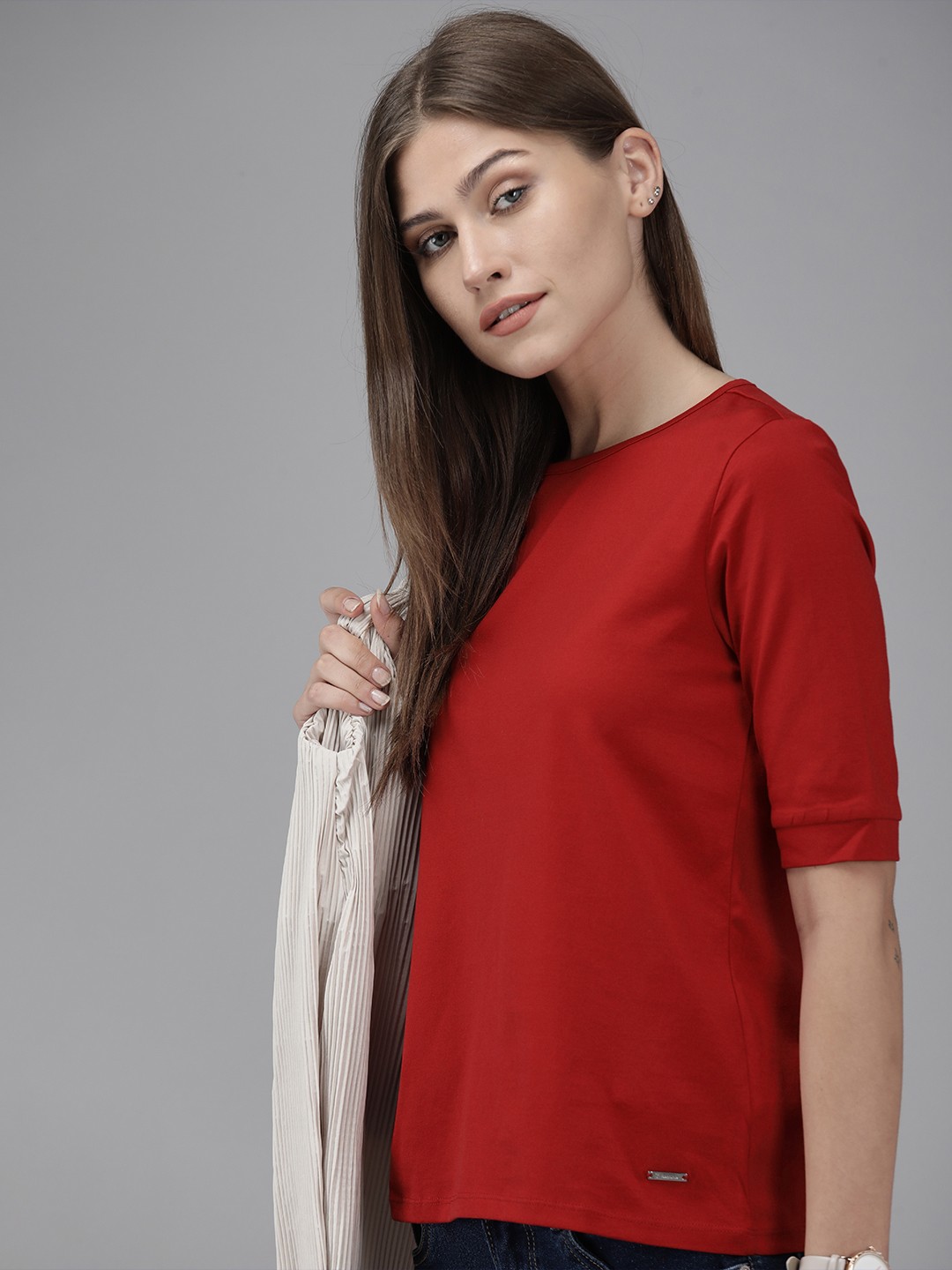

Van Heusen Woman Maroon Solid Pure Cotton T-shirt