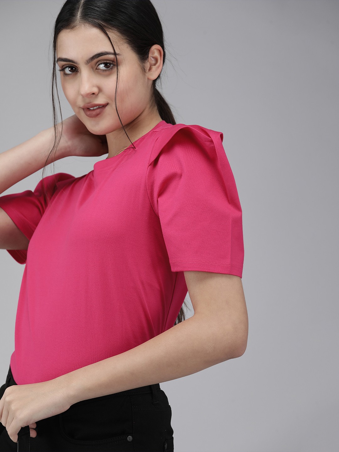 

Van Heusen Woman Fuchsia Pink Puff Sleeves Pure Cotton Top