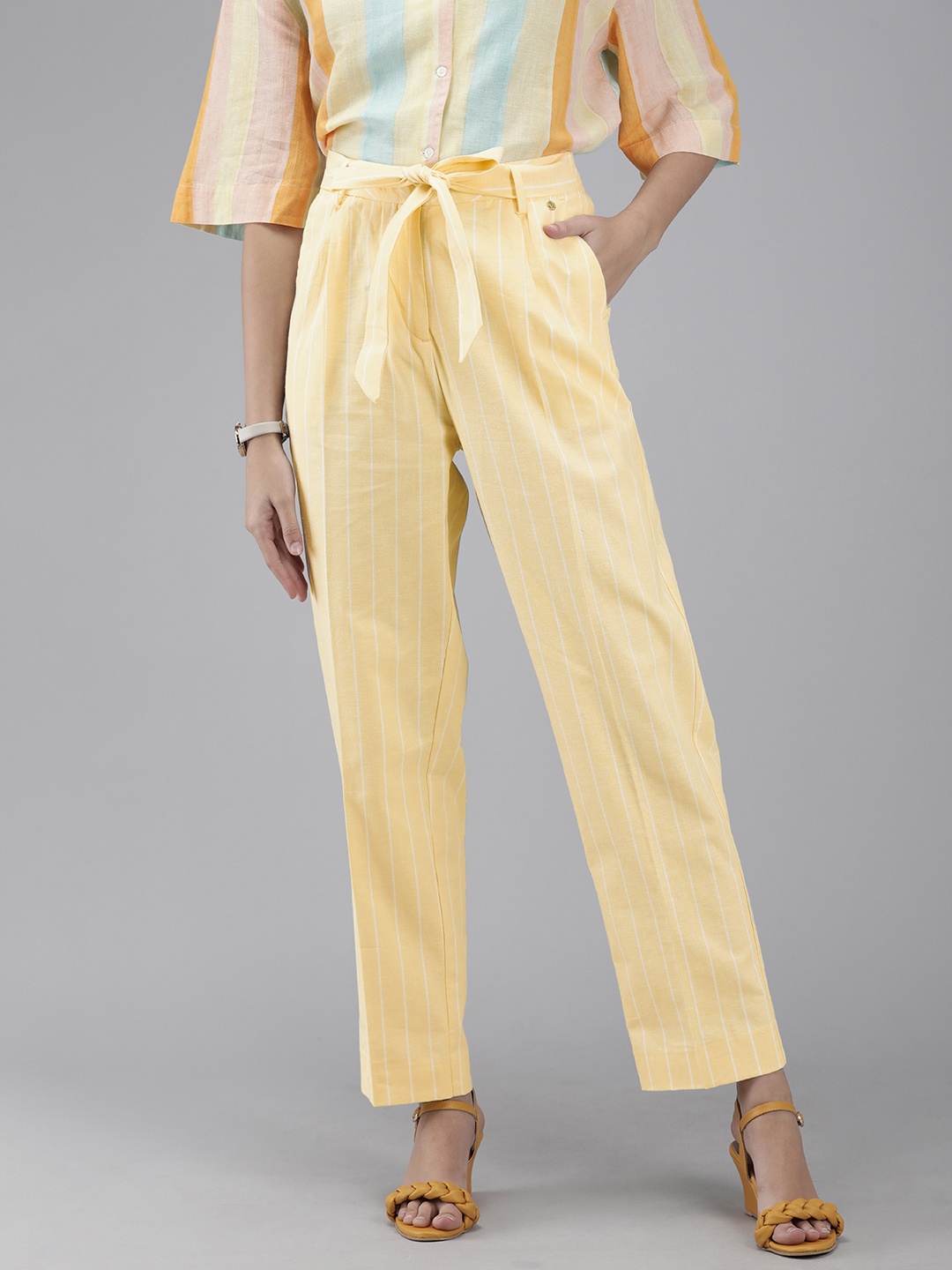 

Van Heusen Woman Women Yellow & White Striped Trousers