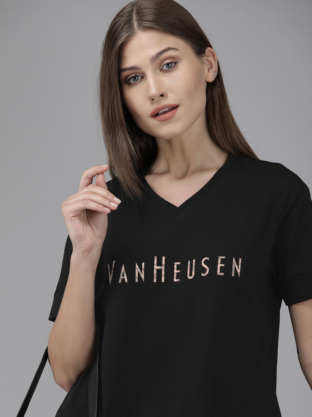 

Van Heusen Woman Black Brand Logo Printed V-Neck Pure Cotton T-shirt