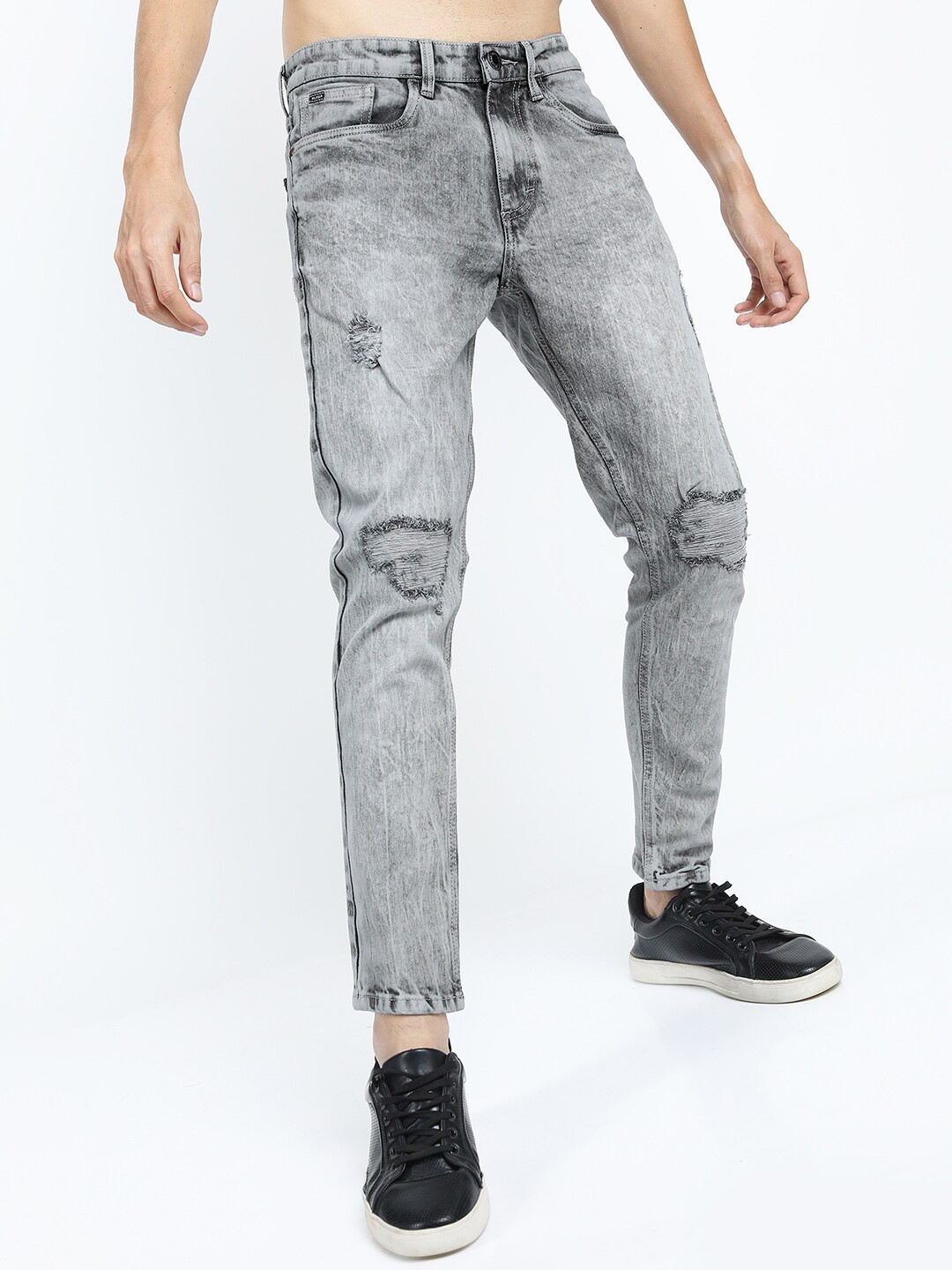 

HIGHLANDER Men Grey Tapered Fit Mildly Distressed Heavy Fade Stretchable Jeans