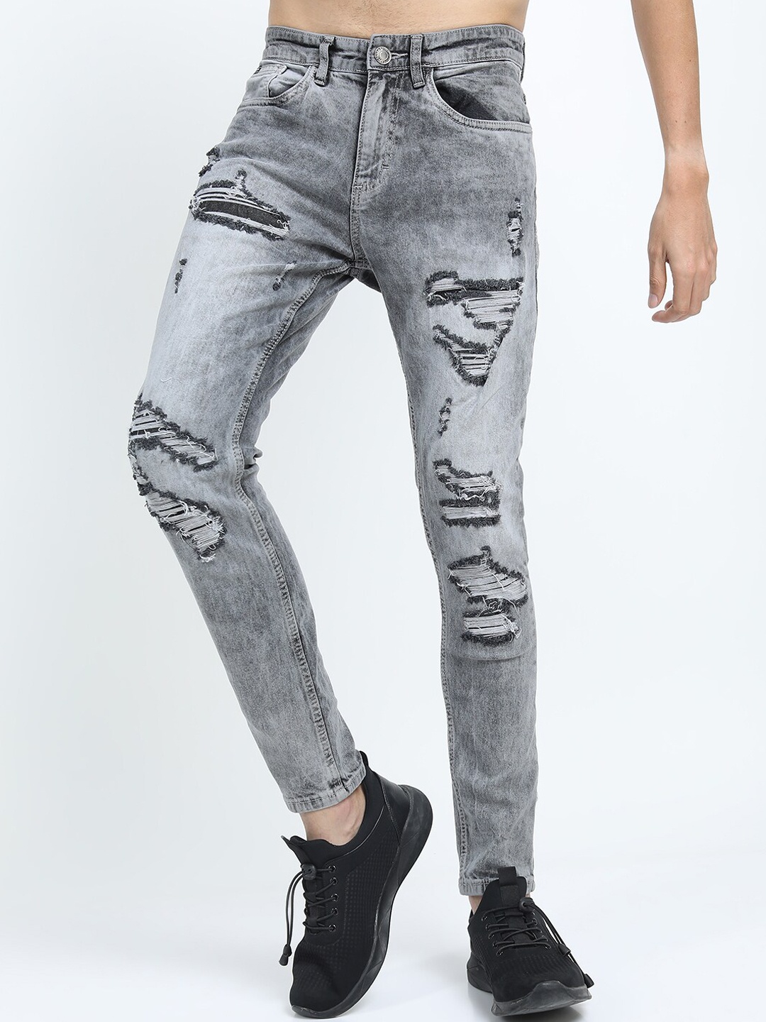 

HIGHLANDER Men Grey Tapered Fit Highly Distressed Heavy Fade Cropped Stretchable Jeans