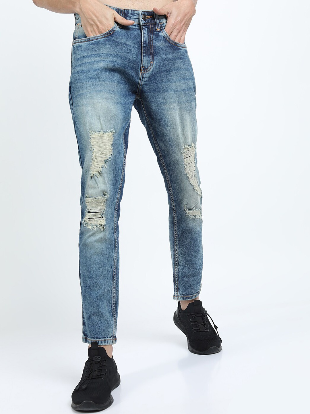 

HIGHLANDER Men Blue Tapered Fit Highly Distressed Heavy Fade Cropped Jeans