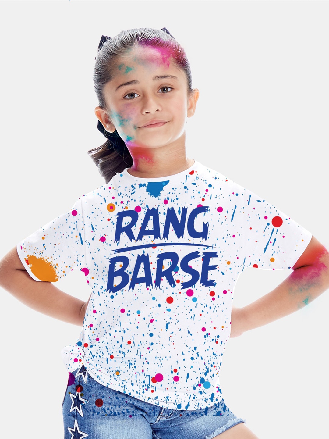 

BONKIDS Girls White & Blue Typography Printed Holi Cotton T-shirt