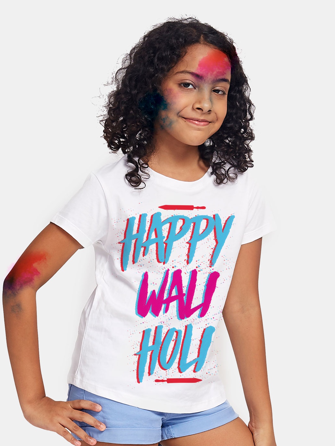 

BONKIDS Girls White & Blue Typography Printed T-shirt