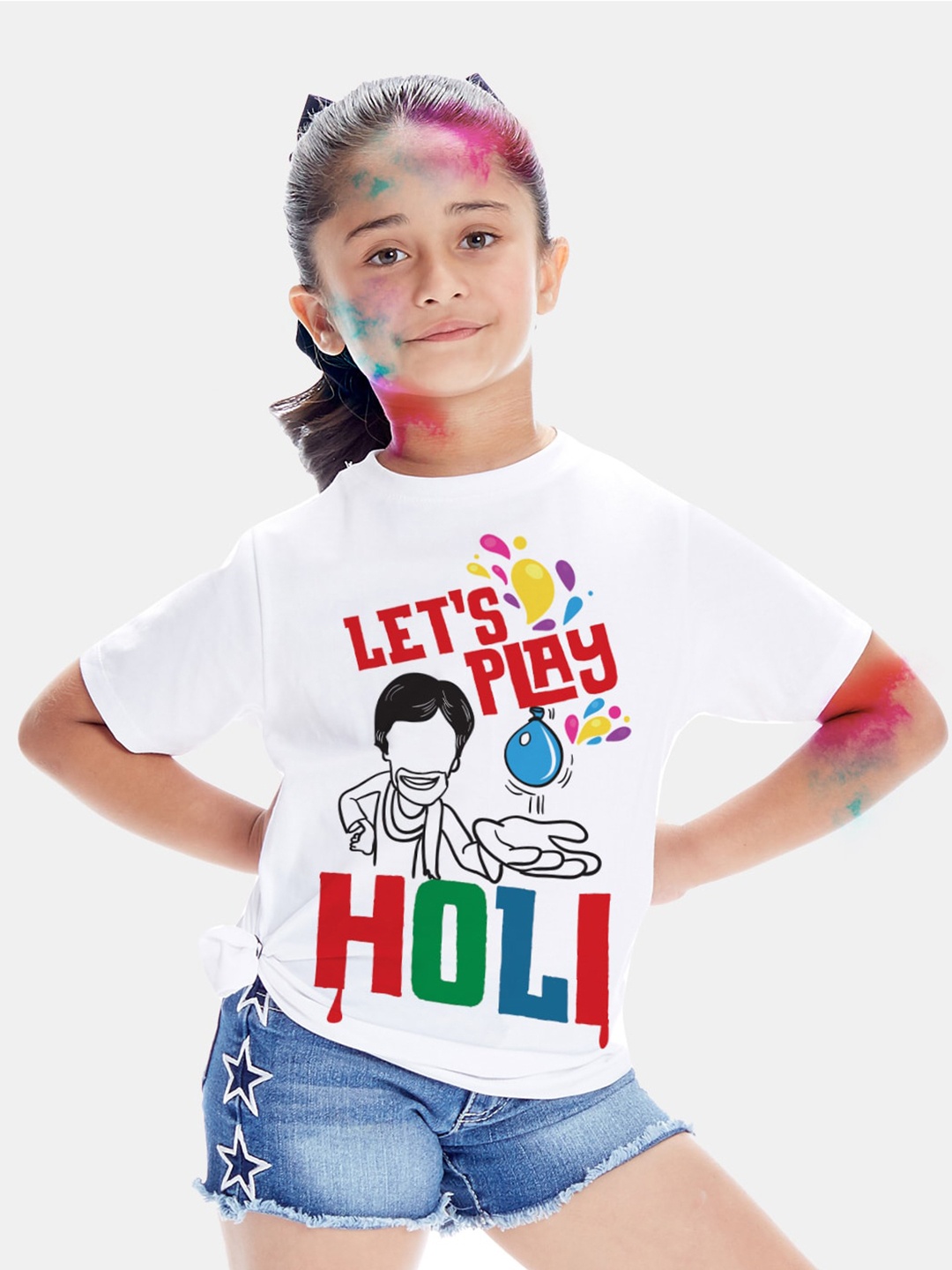 

BONKIDS Girls White & Red Typography Printed Play Holi T-shirt