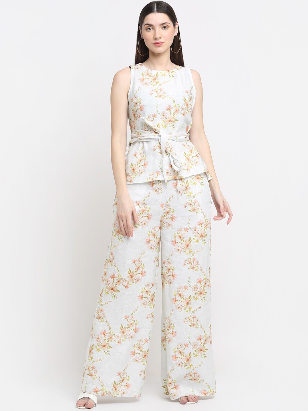 

ewoke Women White & Peach Floral Printed Linen Top with Palazzo Pants