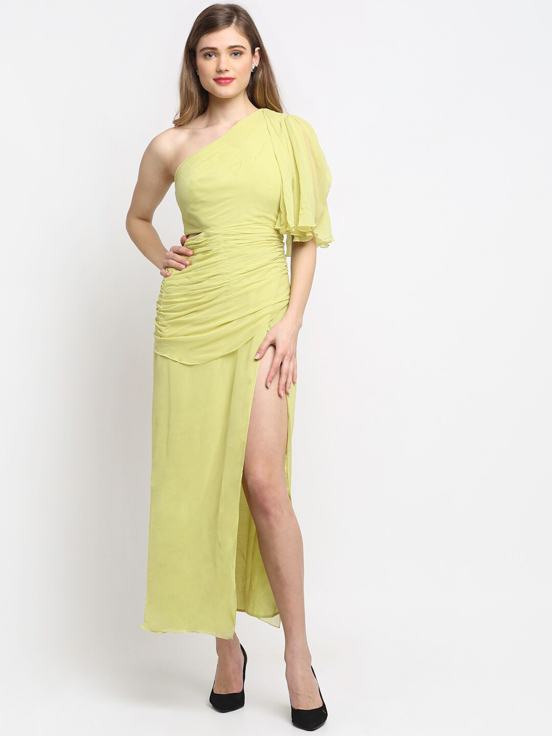 

ewoke Women Lime Green Draped One Shoulder Maxi Gown Dress