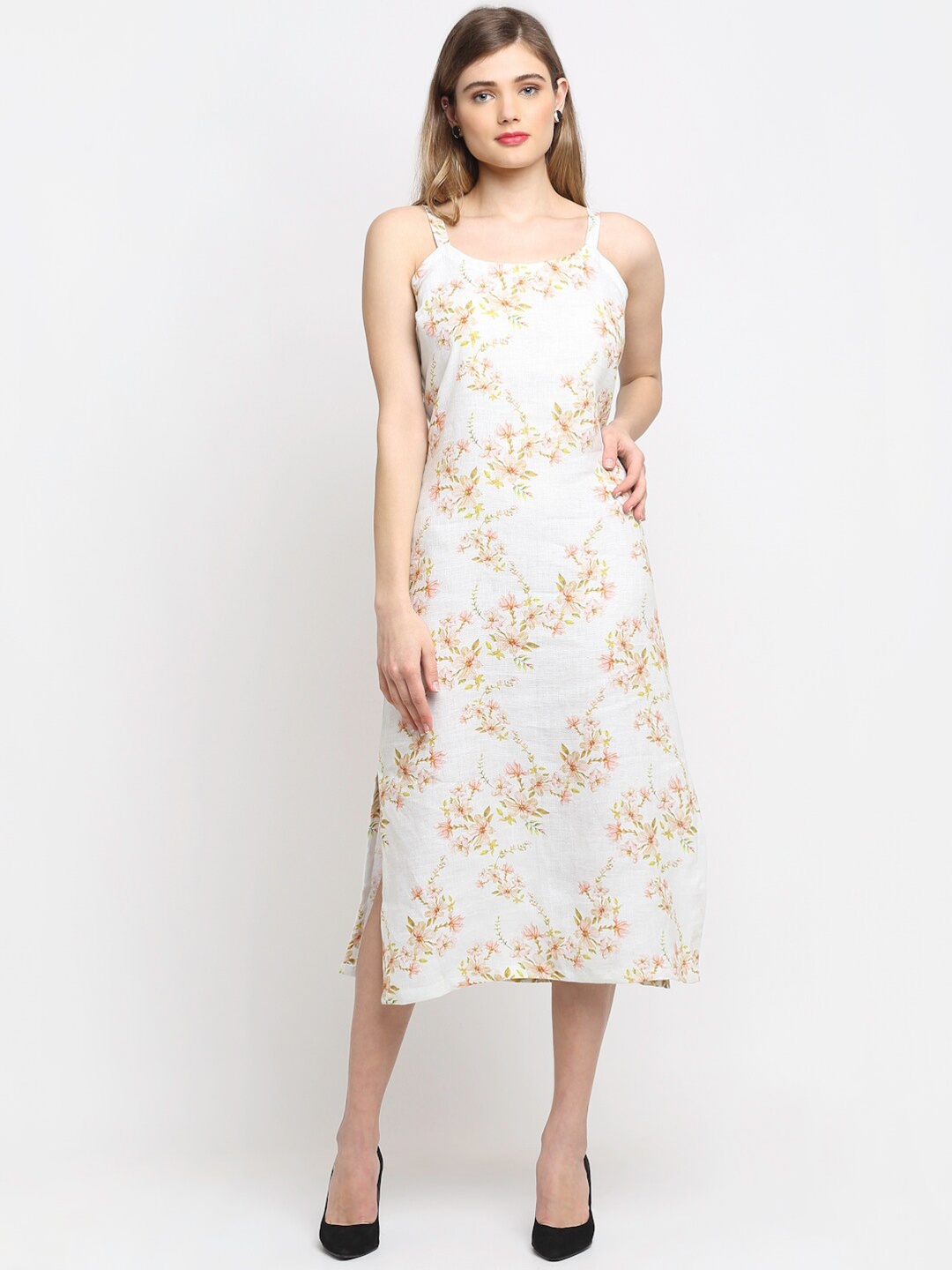 

ewoke Off White Floral Printed Linen A-Line Midi Dress